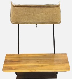 Mid-Century Modern still lamp with a wooden shelf base and woven linen shade. Electrified and in working condition No maker's marks.