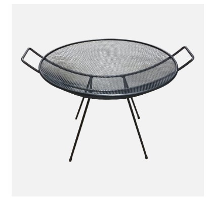 Mid-Century Modern wire magazine table with a convex shape mesh circular body supported by tubular metal legs and arms in the style of Matthieu Marigot. No maker's marks.