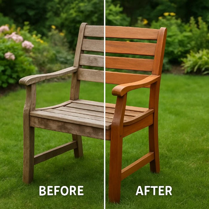 Before - after picture in a garden showing blotched chair  vs properly oiled chair 
