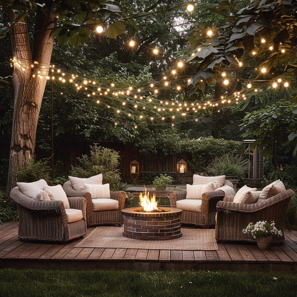 This enchanting backyard retreat beckons you to relax and unwind. As evening falls, the soft glow of string lights creates a magical canopy above plush, cushioned chairs that surround a crackling fire pit. The well-manicured lawn borders the wooden deck, while lush trees offer privacy and serenity. It's the perfect spot for intimate gatherings or a peaceful night under the stars.