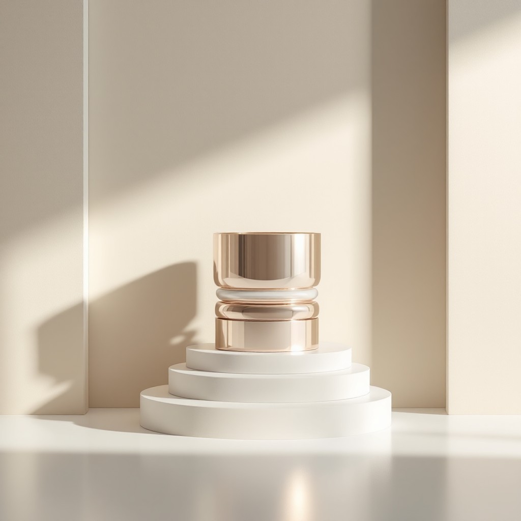 Minimalist scene with a polished rose-gold metal pedestal centered on a three-tier white circular podium, bathed in soft sunlight against neutral beige walls.