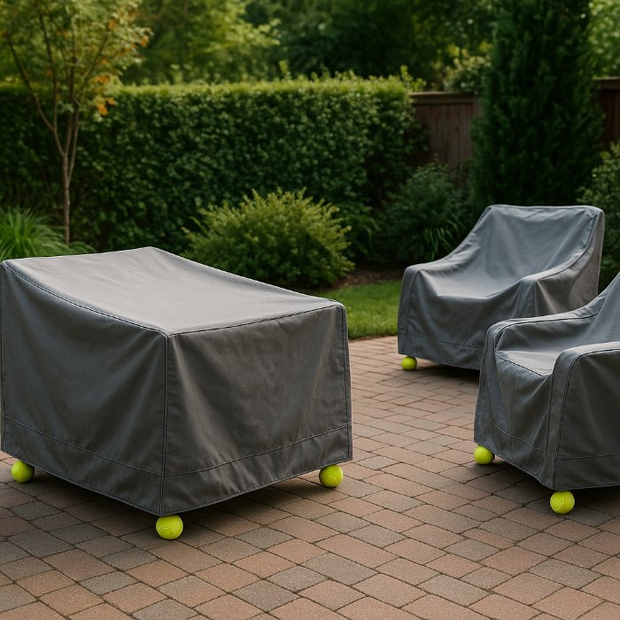“Patio scene with three pieces of outdoor furniture two armchairs and one ottoman fully draped in fitted gray protective covers, each lifted slightly off the brick paver surface by bright yellow tennis-ball–like feet, set against a lush green garden backdrop.”