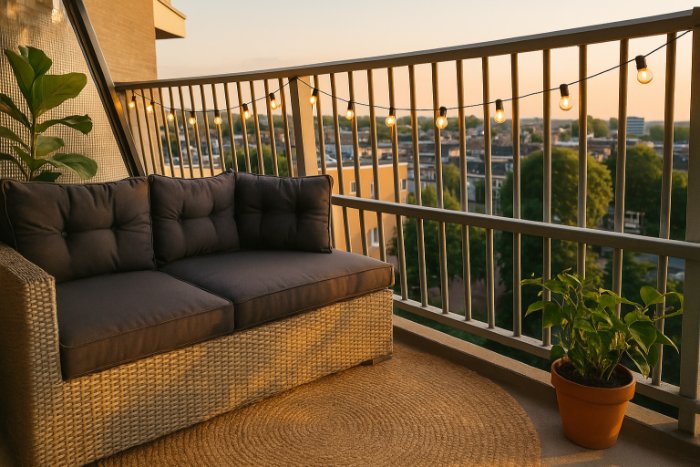“Cozy apartment balcony at sunset featuring a wicker loveseat with dark tufted cushions, a round jute rug underfoot, warm globe string lights draped along a metal railing, and potted greenery framing a view of city rooftops.”