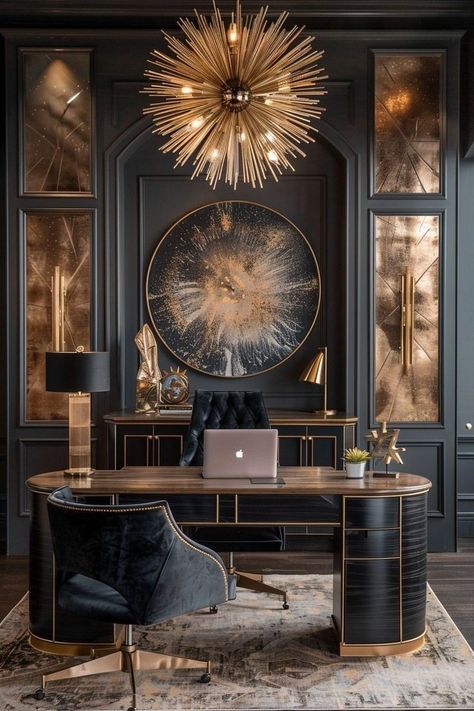 “Luxury black modern home office with gold accents—art‑deco sputnik chandelier, statement abstract round wall art, matte black paneled walls, executive curved ebony desk with brass trim, tufted velvet swivel chair, and glam metallic lighting—high‑end executive workspace interior design inspiration.”