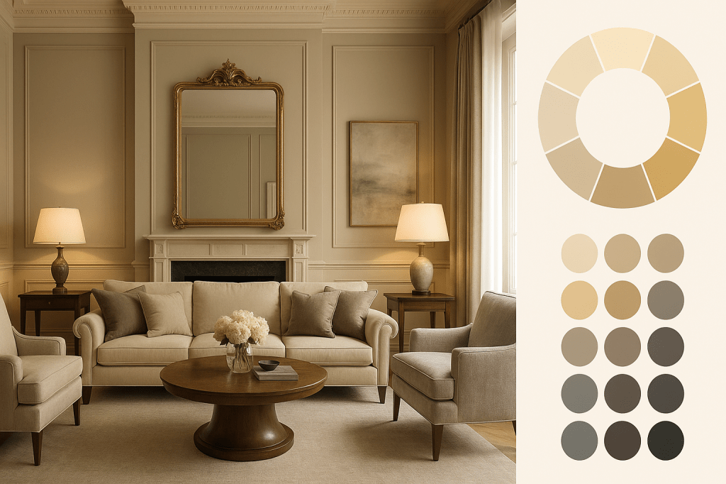 Elegant beige living‑room scene featuring classic panel‑moulded walls, a cream sofa set and wood coffee table beneath a gilded mirror, paired with a neutral beige‑to‑charcoal color‑palette graphic for interior‑design inspiration.