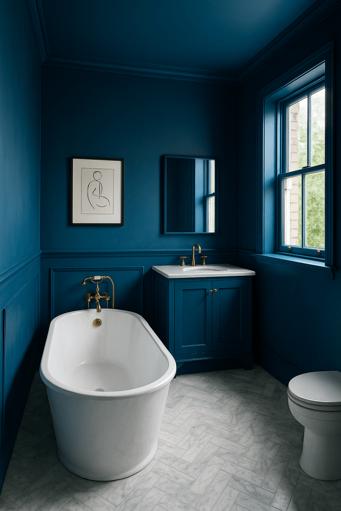 “Color‑drenched bathroom in rich midnight blue: walls, ceiling, trim, and vanity are all painted the same deep hue, while daylight from a tall right‑hand window illuminates the space. A freestanding white bathtub with curved sides and brass fixtures sits front‑left on a pale marble herringbone floor; opposite, a minimalist blue vanity with white countertop, brass faucet, and rectangular mirror anchors the back wall beneath a framed line‑drawing artwork. A simple white toilet stands at far right, and crisp architectural moldings frame every element, giving the room a refined, editorial look.”