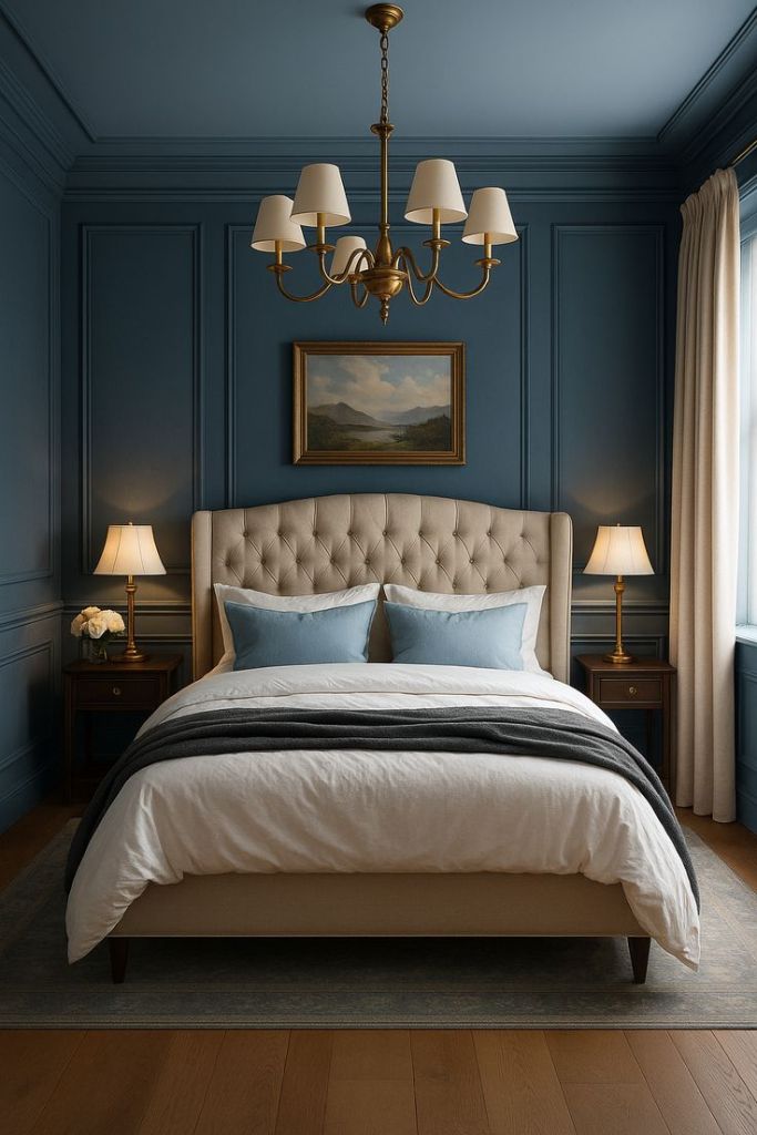“Chic modern blue bedroom with paneled navy walls, tufted beige upholstered headboard, white duvet bedding, soft blue accent pillows, brass chandelier and matching bedside lamps, landscape artwork, and warm oak flooring—elegant deep‑blue color‑drenched master bedroom interior design inspiration.”