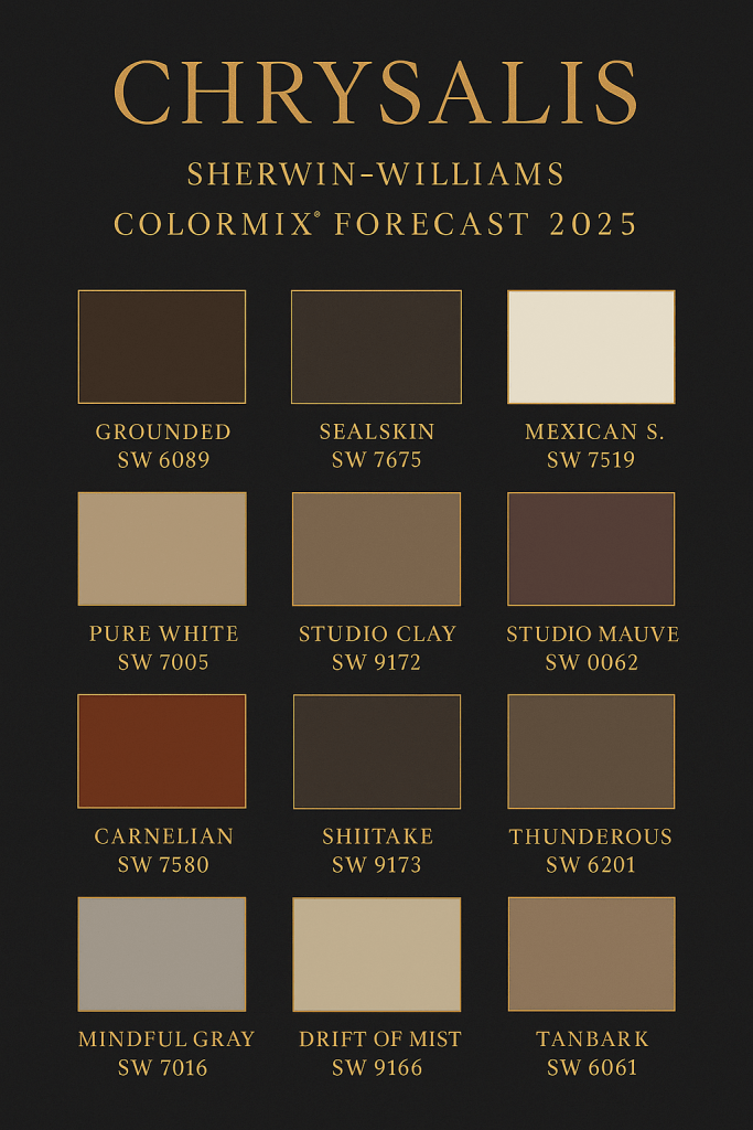 a 12-color palette of calming earthy neutrals, grounded browns and soft taupes that bring spa-like serenity to living rooms, bedrooms and wellness spaces. This vertical infographic showcases each hue with its SW number