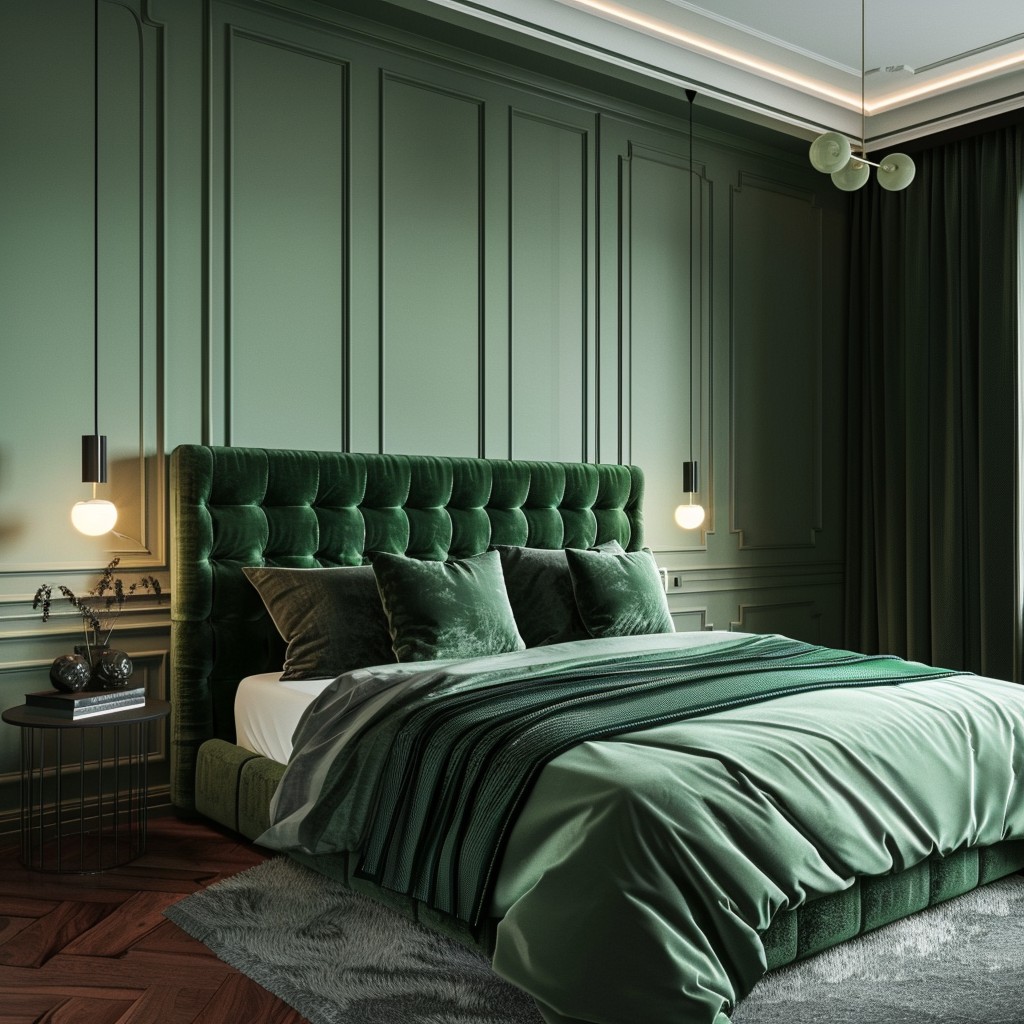 “Luxury emerald green bedroom with tufted velvet headboard, monochromatic paneled walls, matching green bedding and throw, pendant globe bedside lights, dark herringbone wood floor, and faux‑fur rug—elegant jewel‑tone color‑drenched master suite interior design inspiration.”