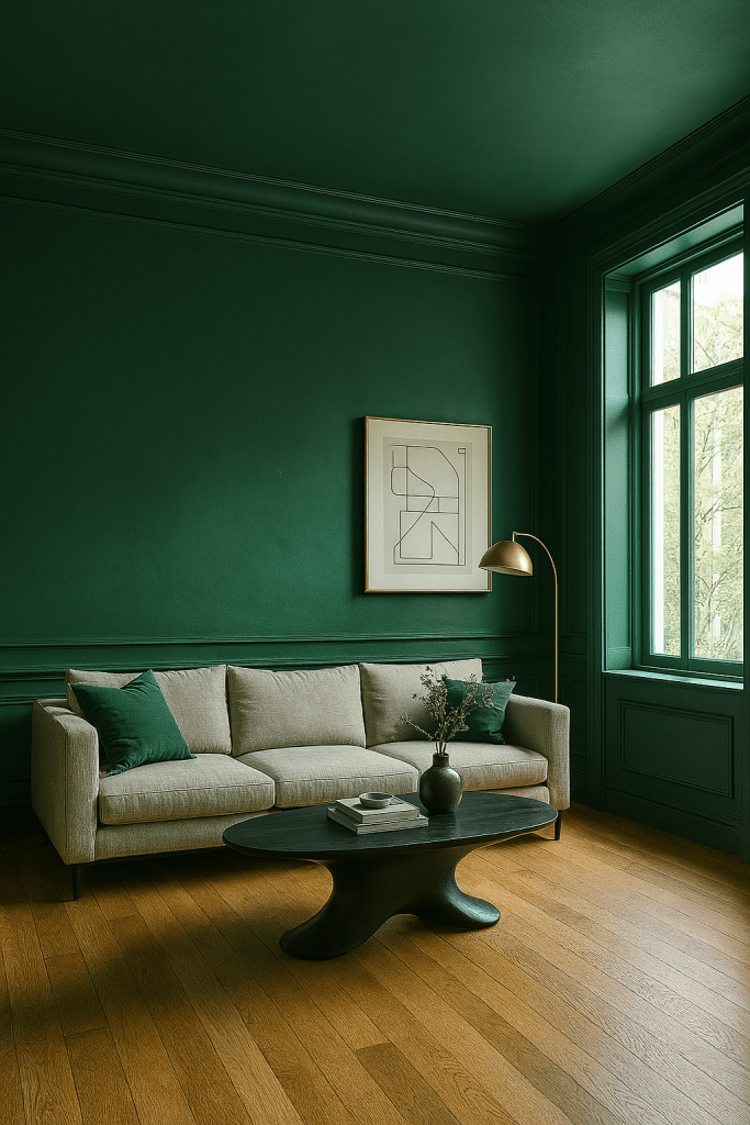 “Modern emerald green color‑drenched living room—dark green paneled walls and ceiling, light oak floor, neutral linen sofa with green accent pillows, sculptural black coffee table, brass arc floor lamp, large picture window with natural light—sophisticated deep‑green interior design inspiration for contemporary homes.”