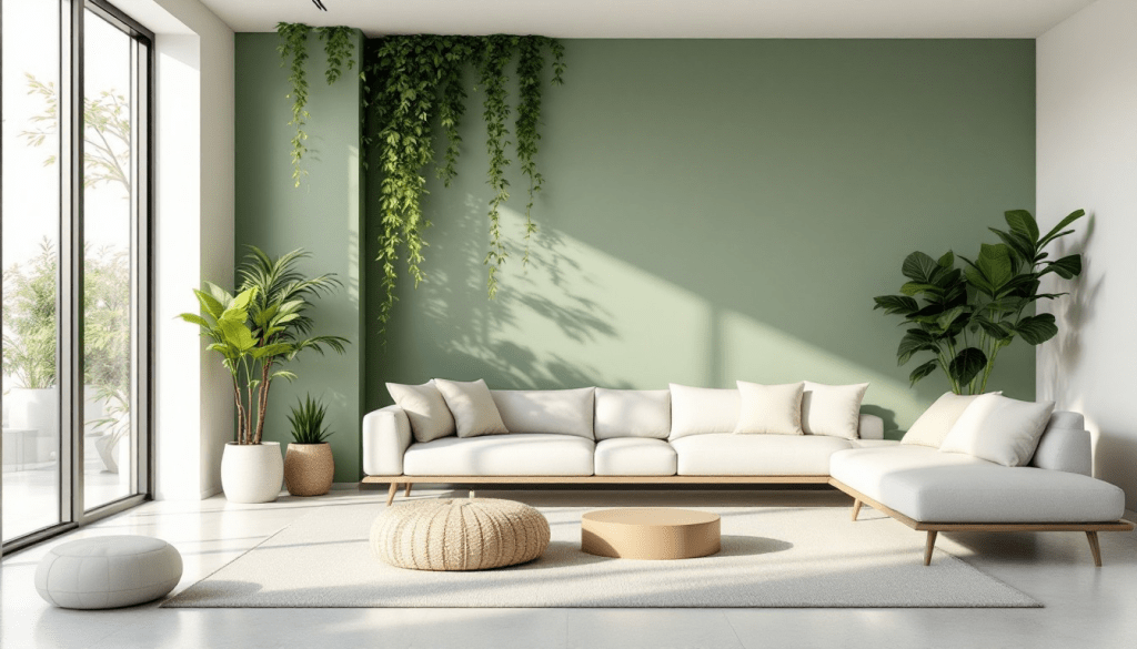 Scandinavian-inspired living space featuring floating furniture against a sage green backdrop, where natural light dances with indoor plants.
