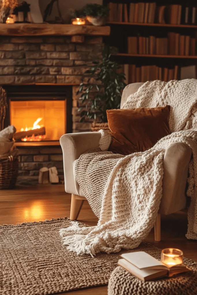  “A snug living room bathed in warm, golden light: a plush upholstered armchair draped with a chunky knit throw sits beside a stone fireplace with a flickering fire; on a nearby mantel and side table, lit candles and small potted plants add soft ambiance, while a textured area rug and neutral-toned walls complete the intimate, comforting scene.”