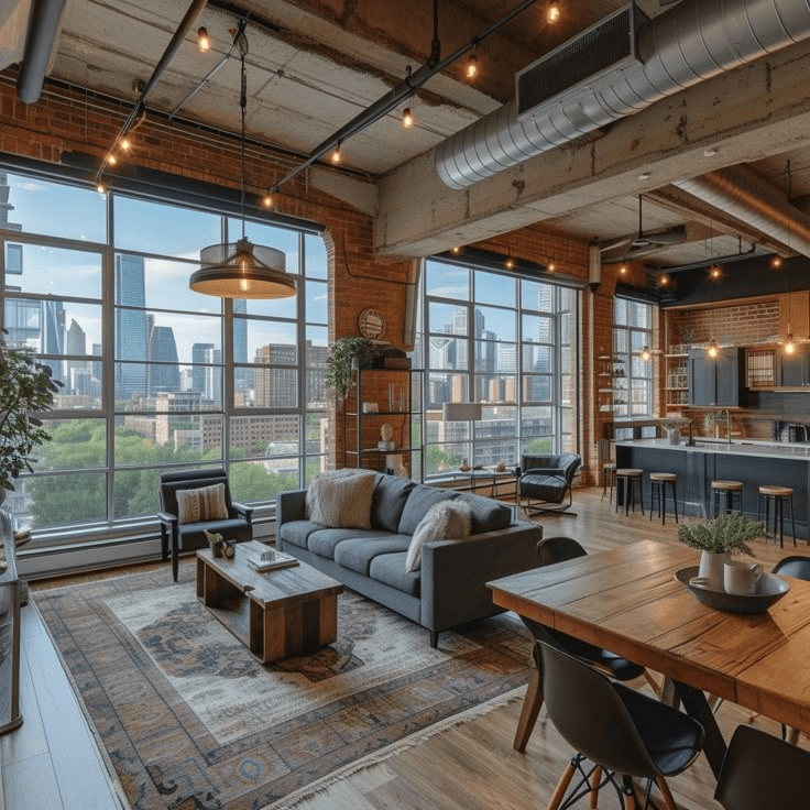 “Open‐plan industrial loft with double-height factory windows framing a city skyline; space features exposed brick walls, steel beams, and visible ductwork, with a gray sofa on a vintage rug, reclaimed-wood coffee table, and adjacent wooden dining table with black chairs under string Edison lights.”