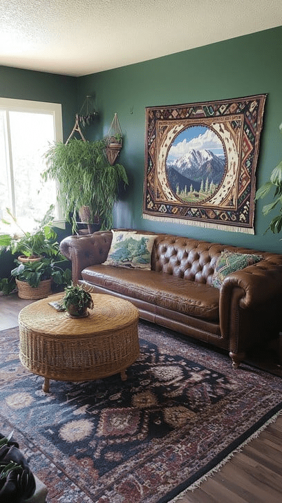 A cozy living room featuring a classic leather sofa, vibrant woven rug, and mountain tapestry.