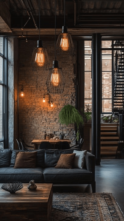 Stylish urban loft featuring exposed brick walls, elegant lighting, and a comfortable seating area with lush plants.