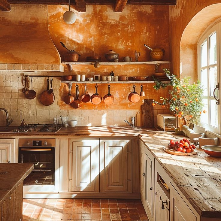 Warm rustic farmhouse kitchen featuring a terra‑cotta tile backsplash paired with a deep soapstone countertop and weathered pine cabinetry; open wooden shelves display simple dishware, while natural wood floors and wood counters enhance the cozy, Mediterranean‑inspired atmosphere.”