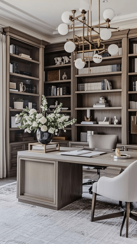“Elegant taupe‑toned home office featuring floor‑to‑ceiling built‑in bookcases filled with books and decor, a large matching wood desk topped with a vase of white flowers, notebooks, and a mug, a light upholstered armchair, and an overhead modern brass chandelier with globe bulbs, all set on a pale patterned rug.”