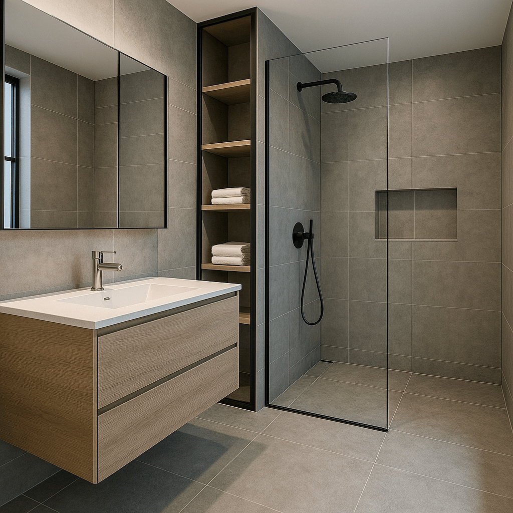 Explore this stunning modern minimalist small bathroom design, meticulously crafted to maximize space and functionality in compact areas. Featuring a sleek floating vanity that enhances floor visibility, a frameless glass shower creating an open feel, and integrated hidden storage solutions for a clutter-free environment. The monochromatic color scheme contributes to a serene and expansive atmosphere, while soft, natural light from a large window illuminates the space. This design is perfect for those seeking elegant, space-saving bathroom ideas that blend contemporary aesthetics with practical living. SEO keywords: small bathroom ideas, minimalist bathroom, floating vanity, frameless shower, space-saving design, modern bathroom design, compact bathroom solutions, hidden storage, natural light bathroom.