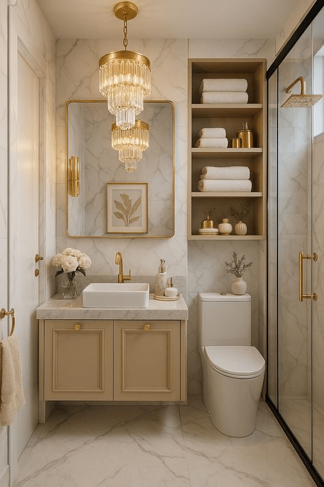 Modern rustic bathroom with a floating natural wood vanity topped by a rectangular white vessel sink, complemented by a matte black wall-mounted faucet and a large round backlit mirror that creates a warm, inviting glow. The vanity wall features a textured stone or concrete-look backsplash, adding depth and organic charm to the space. Open shelving under the vanity holds rolled towels, while minimal décor like dried flowers in a ceramic vase enhances the cozy aesthetic. Neutral stone floor tiles and soft ambient lighting create a balanced blend of modern and rustic design elements.