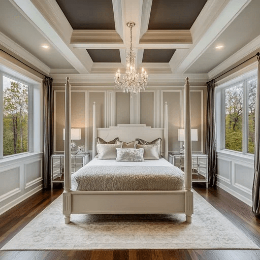 An elegantly designed bedroom featuring a four-poster bed, crystal chandelier, and luxurious furnishings against large windows.