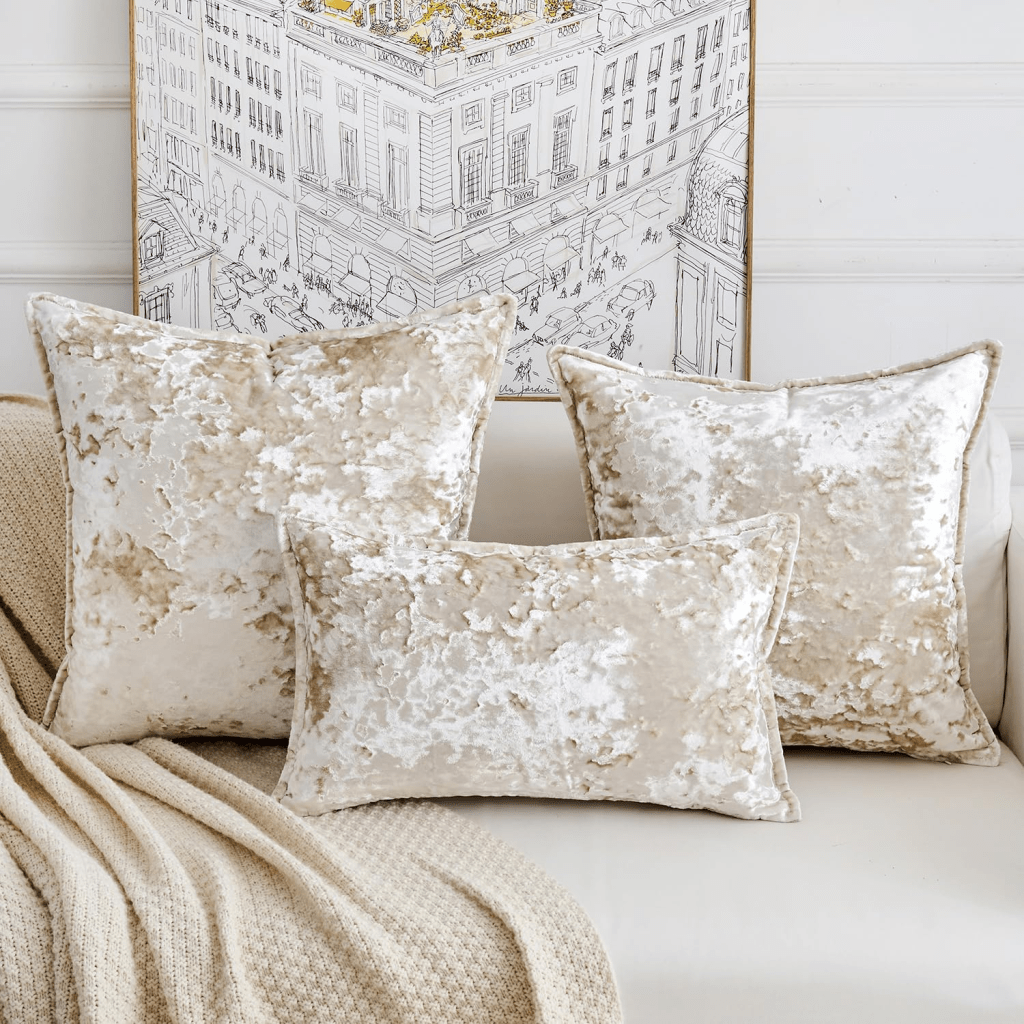 Crushed‑velvet throw pillow cover in cream white, 18″×18″ with a plush luxurious texture and thick premium finish—part of the HERAYLI Premium Series decorative cushion covers designed for elegant home accents