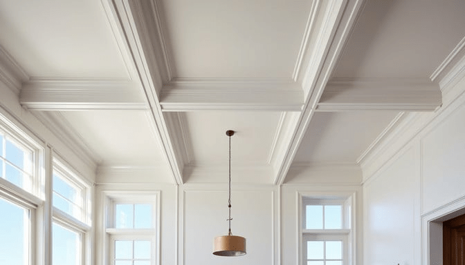 Natural light floods through tall windows, casting gentle shadows across an expansive white coffered ceiling. Delicate crown molding frames geometric patterns that stretch across the space, showcasing meticulous craftsmanship. A single modern pendant light hangs asymmetrically, adding contemporary flair to the traditional architecture. Subtle textural variations in the plasterwork catch the light, revealing fine details that might otherwise go unnoticed. The bright white surface reflects hints of blue sky and warm wood tones from below, creating a sophisticated yet inviting atmosphere where classic design meets modern sensibility.