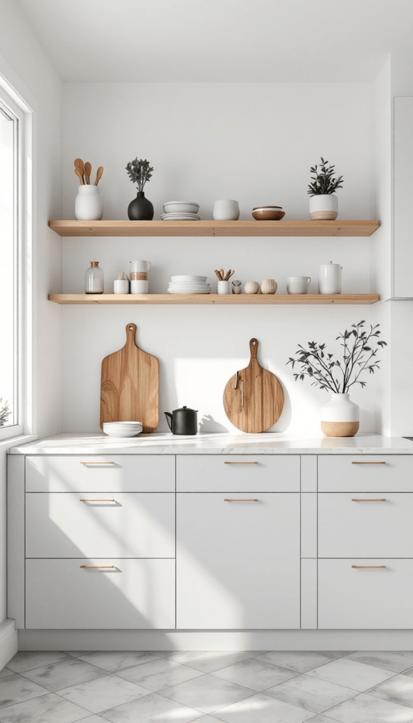 Public DomainAI Generated
Scandinavian Kitchen Simplicity
Floating wooden shelves and sleek white cabinets create a harmonious Scandinavian kitchen design bathed in natural sunlight.

Free Download
816*1456 9:16


HD DownloadsVideoRecreateEditor
A serene Scandinavian kitchen showcases the perfect balance of form and function. Floating wooden shelves add warmth against crisp white walls, while matte white cabinets with hidden handles maintain the clean aesthetic. Natural sunlight streams across the marble countertop, highlighting the thoughtful organization of wooden cutting boards and minimalist decor. The space embodies the essence of Nordic design with its careful blend of natural materials and modern simplicity.