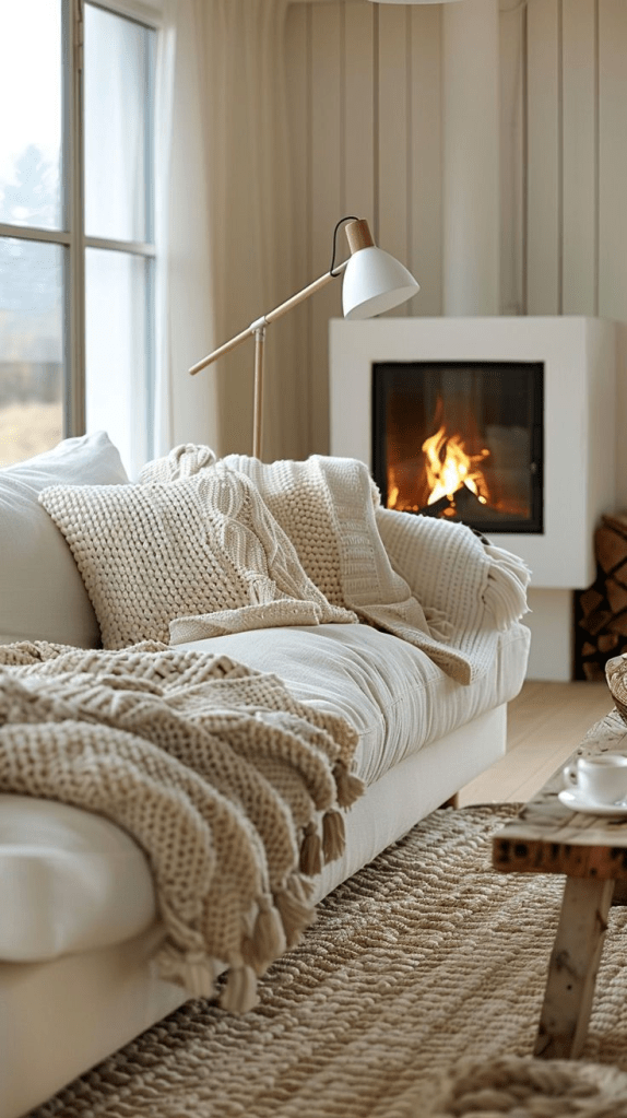 Cozy Scandinavian living room featuring a white sofa layered with chunky knit throws and neutral pillows, a jute rug and rustic wood coffee table, all facing a modern square fireplace with a glowing fire beside neatly stacked logs and floor‑to‑ceiling windows letting in soft daylight