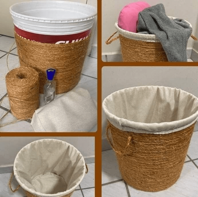 Four‑panel step‑by‑step collage illustrating how to transform a plastic paint bucket into a rustic jute‑rope basket: first frame shows raw materials—white 5‑gallon bucket, roll of natural jute twine, spray adhesive and cream canvas fabric; successive frames highlight rope being tightly wrapped around the bucket, finished basket lined with fabric and rope handles, and an overhead view of the sturdy woven interior—ideal inspiration for “DIY rope basket,” “upcycled plastic bucket storage,” and “budget farmhouse laundry hamper” projects. 
