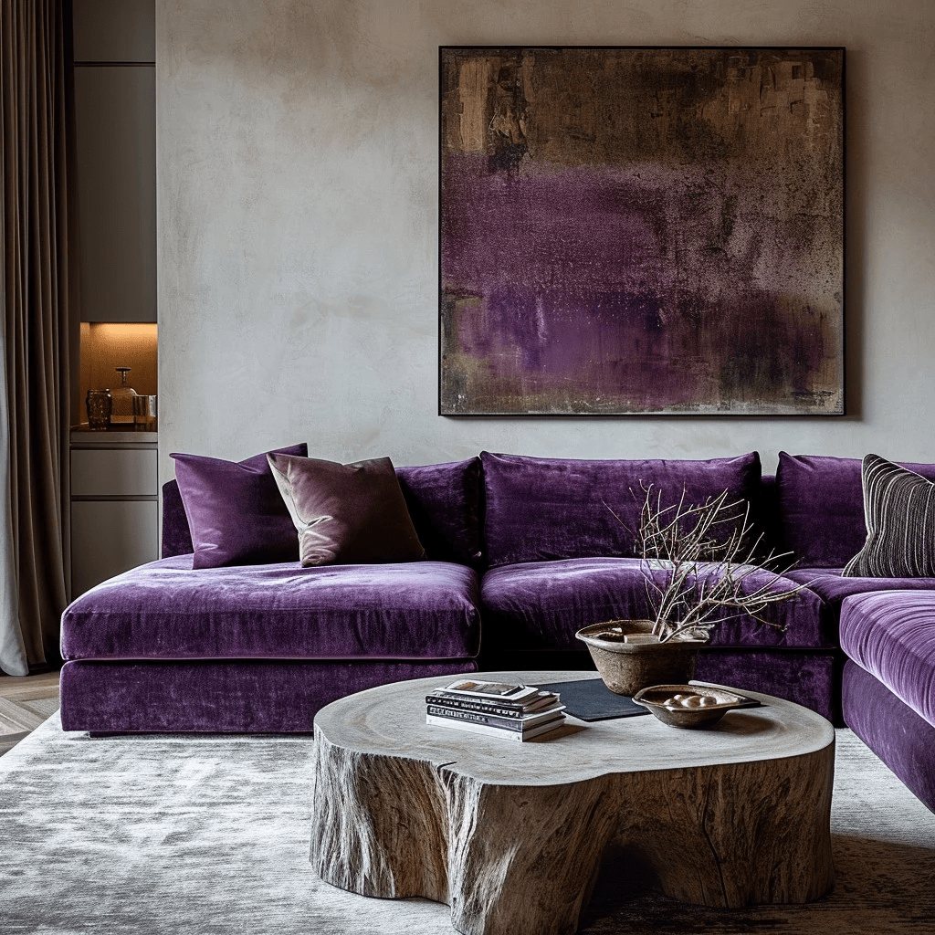 A modern living room with a plush purple sofa, abstract art, and a unique wooden table.
