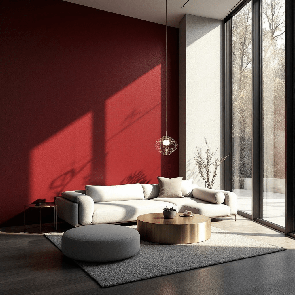 Sunlight streams through towering windows, casting dramatic shadows across a crimson wall in this sophisticated modern space
