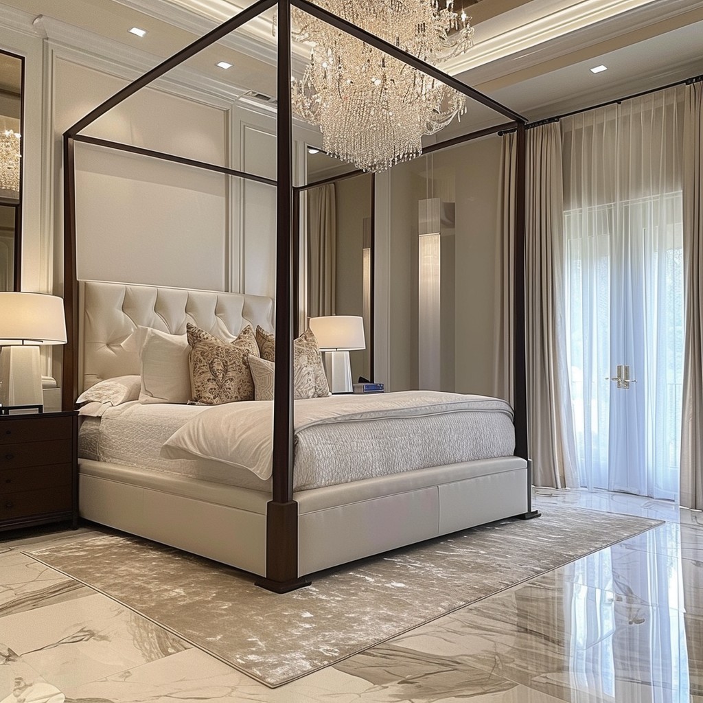 This image showcases a spacious and opulent bedroom dominated by a large, four-poster bed draped with pristine white bedding and plush cushions. The room's luxurious ambiance is further enhanced by a grand chandelier that cascades light onto the polished marble flooring, while delicate curtains allow natural light to filter through creating a warm and inviting atmosphere. The symmetrical bedside tables with matching lamps and understated decor underscore the room's meticulous attention to detail and design harmony.