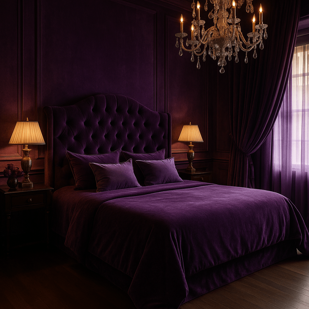 “Opulent deep‑purple bedroom décor with tufted velvet headboard, monochrome plum walls, crystal chandelier, gold vintage bedside lamps, blackout velvet drapes, and richly layered purple bedding—luxury jewel‑tone color‑drenched bedroom design inspiration for glamorous master suite.”