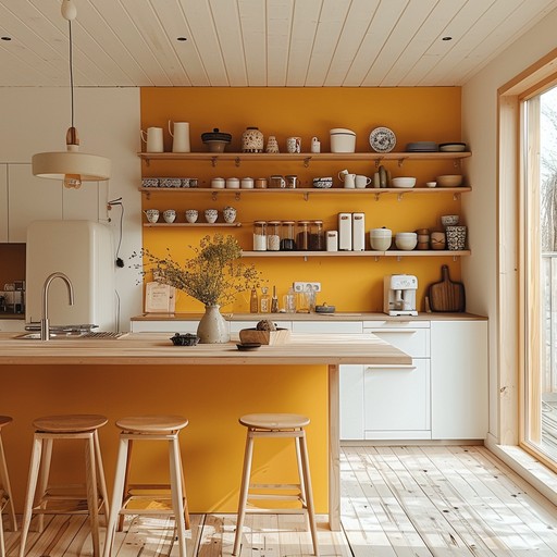 Sunny modern kitchen with yellow walls, wooden shelves, and a cozy breakfast bar with stools.