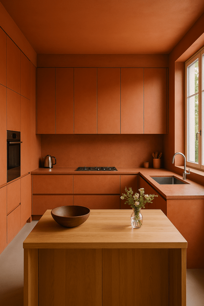 “Modern terracotta color‑drenched kitchen—earthy matte clay cabinetry, seamless warm orange walls and ceiling, minimalist wood island with light oak butcher‑block top, built‑in gas cooktop and stainless oven, under‑mount sink by sunlit picture window, Scandinavian‑inspired warm minimalist kitchen design inspiration.”