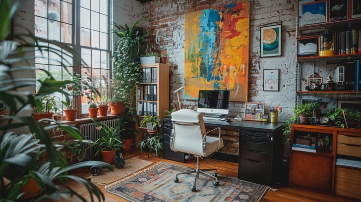 This image captures the essence of a warm and inviting home office, brimming with personality. The space is illuminated by natural light that filters through large windows, highlighting the eclectic mix of textures and colors. A striking piece of vibrant abstract art serves as the focal point of the room, bringing in splashes of color that energize the space. Bookshelves lined with various knick-knacks and books add character, while the assortment of potted plants breathes life into the interior. The classic wooden desk, paired with a modern office chair, sits at the ready for moments of productivity amidst this well-curated backdrop of inspiration and comfort.