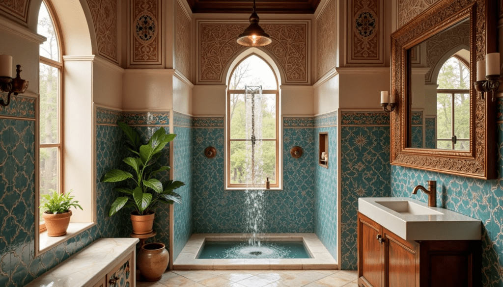 A stunning traditional bathroom blends Moorish and Byzantine influences with geometric blue mosaic tiles covering the lower walls. Warm terracotta and ivory stone provide elegant contrast against the rich blue patterns. Sunlight streams through arched windows, illuminating hammered copper fixtures that gleam with golden highlights. A rectangular sink sits atop a wooden vanity, while a potted plant adds a touch of greenery. The space feels both luxurious and peaceful, with architectural arches framing the room and creating a sanctuary-like atmosphere where water and light transform everyday bathing into a special experience.