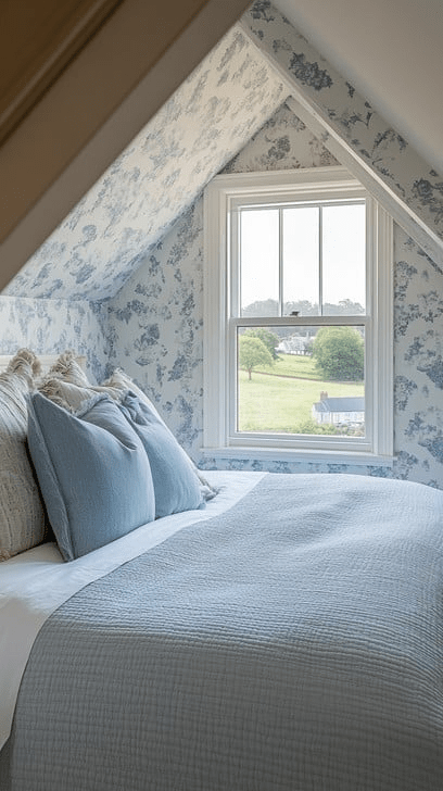 Nestled under the eaves, this tranquil attic bedroom presents a perfect blend of comfort and style. The bed is neatly dressed in a light blue quilt that matches the serene floral wallpaper enveloping the space. An open window frames a picturesque view of the lush outdoors, adding a natural, calming element to the room. Plush pillows and a sloped ceiling heighten the cozy, inviting atmosphere, making it an ideal retreat for relaxation.