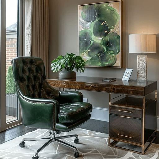 This image captures a beautifully appointed home office, emphasizing a serene and professional atmosphere. The space is dominated by a luxurious green leather chair and a matching wooden desk with sophisticated dark tones and structured storage spaces. An eye-catching green abstract painting on the wall enhances the room's color scheme, while the nearby window provides natural light that brightens the space. Subtle decorations, including a plant and a table lamp, add life and warmth, making the office not only aesthetically pleasing but also functional.