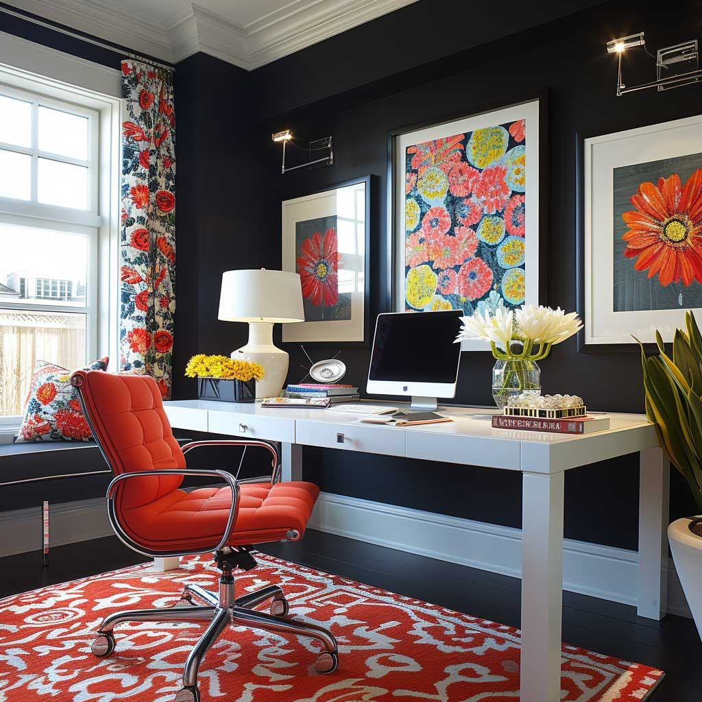 “Vibrant home office with black walls, large floral artwork, and a sleek white desk, featuring a bold orange swivel chair, red-and-white patterned rug, floral curtains, and fresh flowers for a colorful, modern workspace design.”