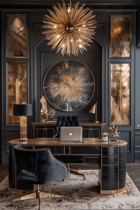 “Luxurious modern home office with black and gold décor, featuring a curved executive desk, navy velvet chair, dramatic starburst chandelier, large abstract gold wall art, and panelled walls with metallic accents for a glamorous workspace design.”