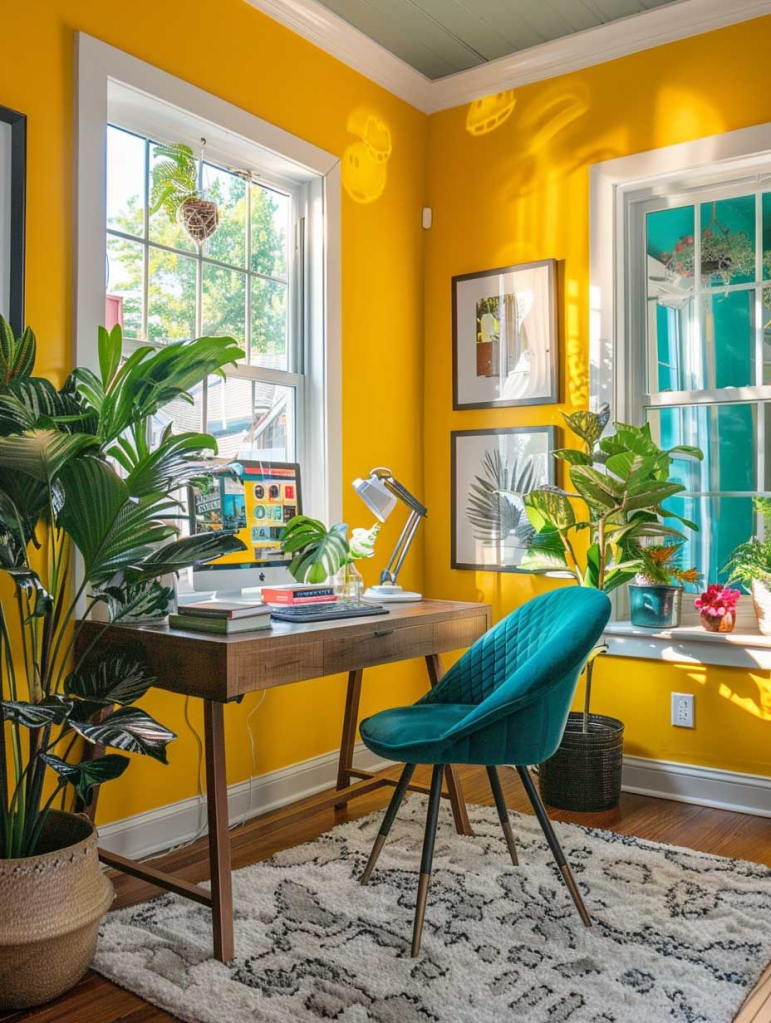 “Bright home office with vibrant yellow walls, wooden desk, teal velvet chair, and abundant indoor plants, featuring large windows with natural light, botanical wall art, and a textured white area rug for a cheerful and inspiring workspace.”