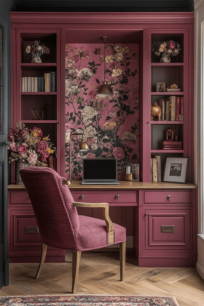 “Elegant home office with deep pink built-in cabinetry, matching upholstered chair, and floral wallpaper accent, featuring brass pendant lighting, wooden desktop, open shelving with books and décor, and a bouquet of fresh flowers for a romantic workspace design.”