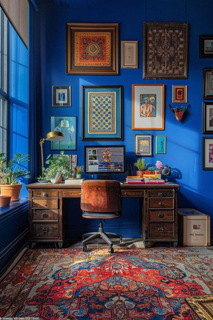 “Eclectic home office with bold cobalt blue walls, vintage wooden desk, brown leather swivel chair, and an array of framed art in various styles, accented by potted plants, a brass desk lamp, and a vibrant Persian-style area rug.”