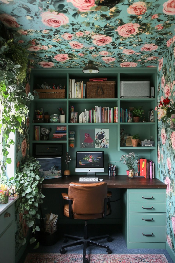 “Whimsical home office with green built-in shelves, dark wood desk, and brown leather swivel chair, featuring vibrant floral wallpaper and matching ceiling in teal and pink rose pattern, abundant greenery, and organized books and décor.”