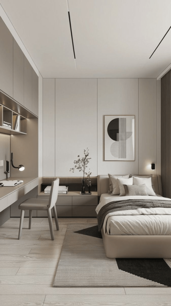 “Minimalist modern bedroom with neutral beige and gray tones, featuring a cozy bed with layered pillows and blankets, built-in desk with shelving, abstract wall art, and soft natural lighting for a clean and calming design.”