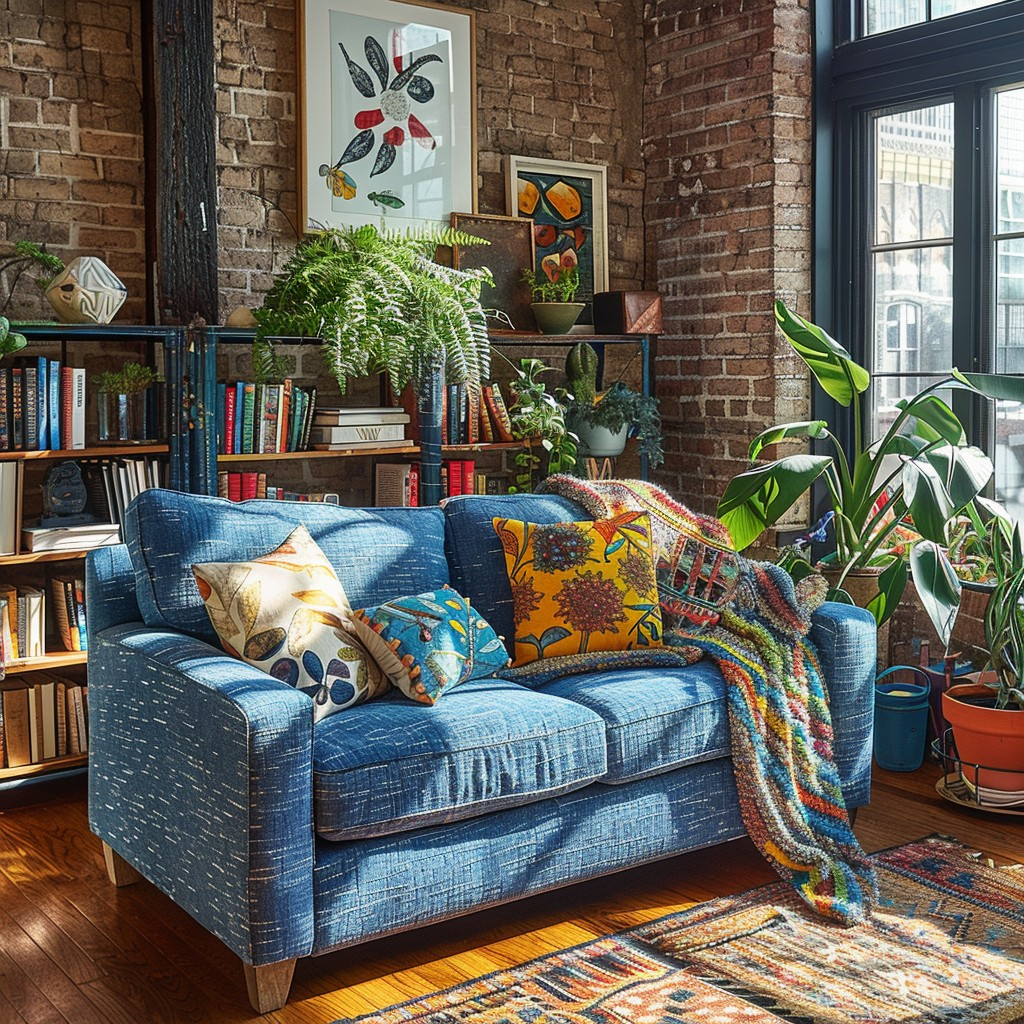 This inviting living space captivates with its warm, rustic charm accentuated by exposed brick walls and hardwood floors. The room is adorned with a comfy blue sofa, piled high with vibrant, patterned cushions and a colorful throw, making it the perfect spot for relaxation or reading. Shelves brimming with books and an assortment of lush green plants add a touch of intellectual and naturalistic appeal, while the wall art and oriental rug introduce an artistic flair, creating a harmonious blend of comfort and aesthetics.
