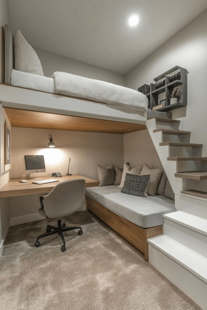 “Small modern bedroom with loft bed, built-in desk, and cozy daybed underneath, featuring minimalist shelving, neutral tones, and space-saving staircase design.”