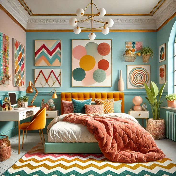 “Colorful eclectic bedroom with teal walls, mustard velvet headboard, coral bedding, geometric rug, and vibrant wall art, styled with modern decor and indoor plants.”