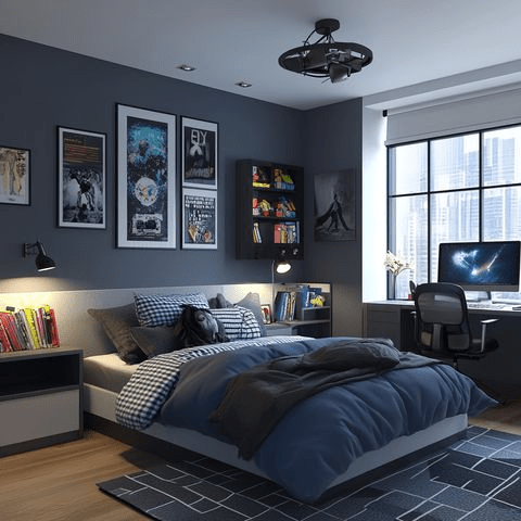 Modern teenage boy’s bedroom with navy blue walls, platform bed with checkered bedding, gaming desk setup by the window, bookshelf, and superhero wall art for a stylish urban design.”